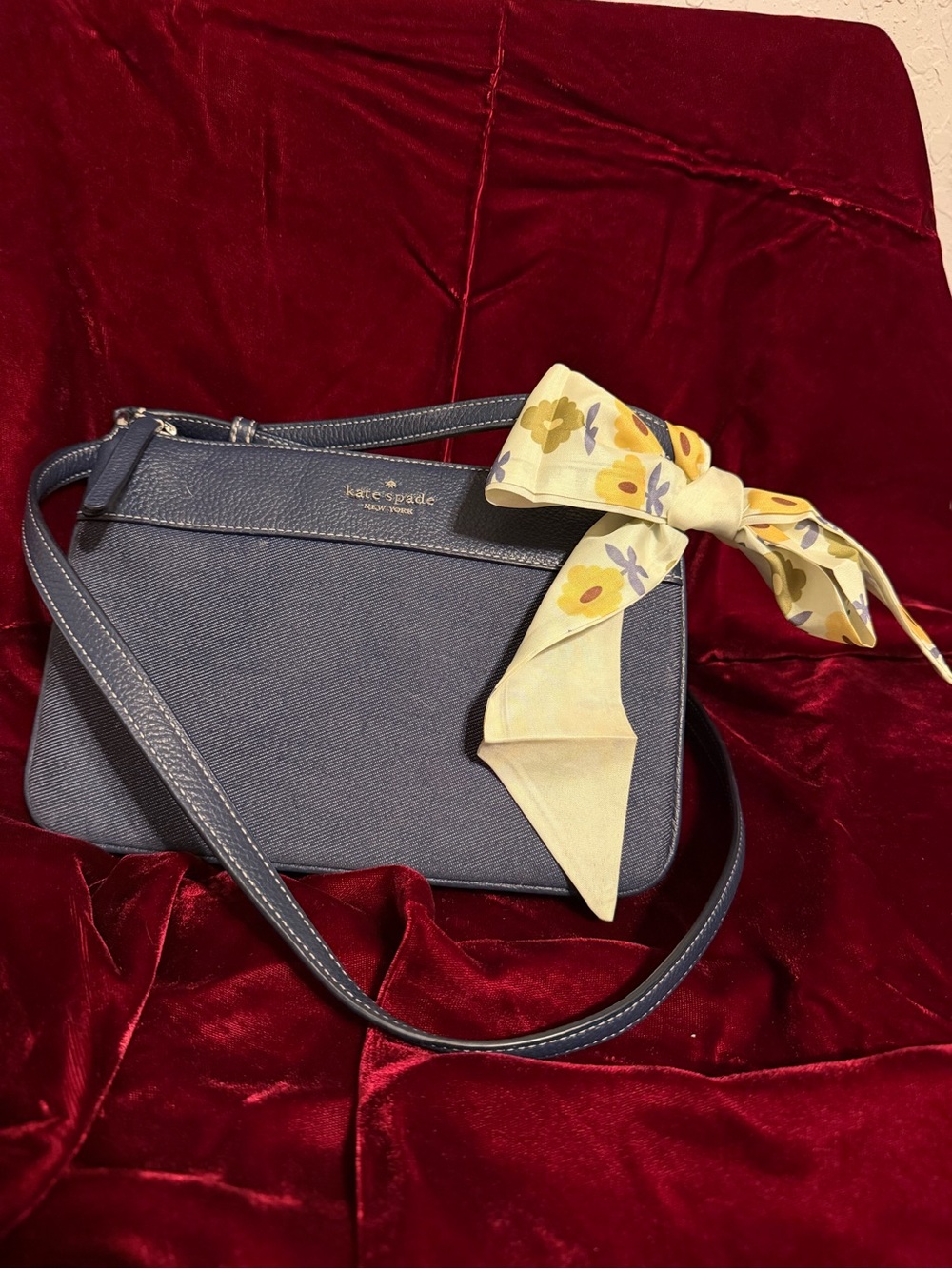kate spade navy leather and denim crossbody with yellow floral scarf accent